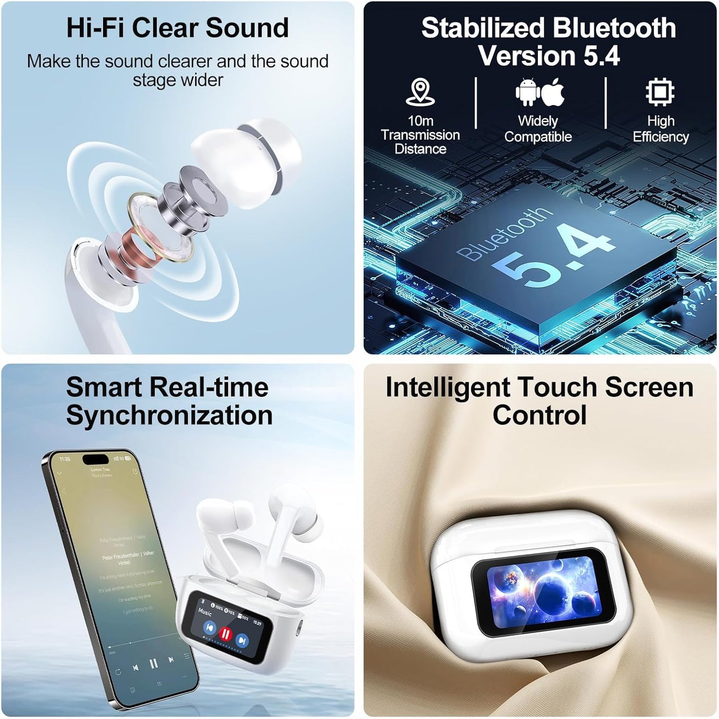 Smart Touch Screen Wireless Earbuds – ANC & Hi-Fi Sound
