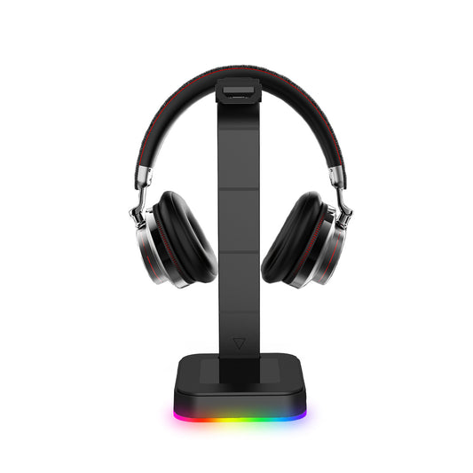 2-in-1 RGB Gaming Headphone Stand with Power Strip โ Desktop Headset Holder, USB Charging & LED Light Base