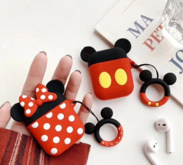 Cute Cartoon Silicone Case for AirPods – Shockproof Protective Cover with Keychain (Mickey & Minnie Style)