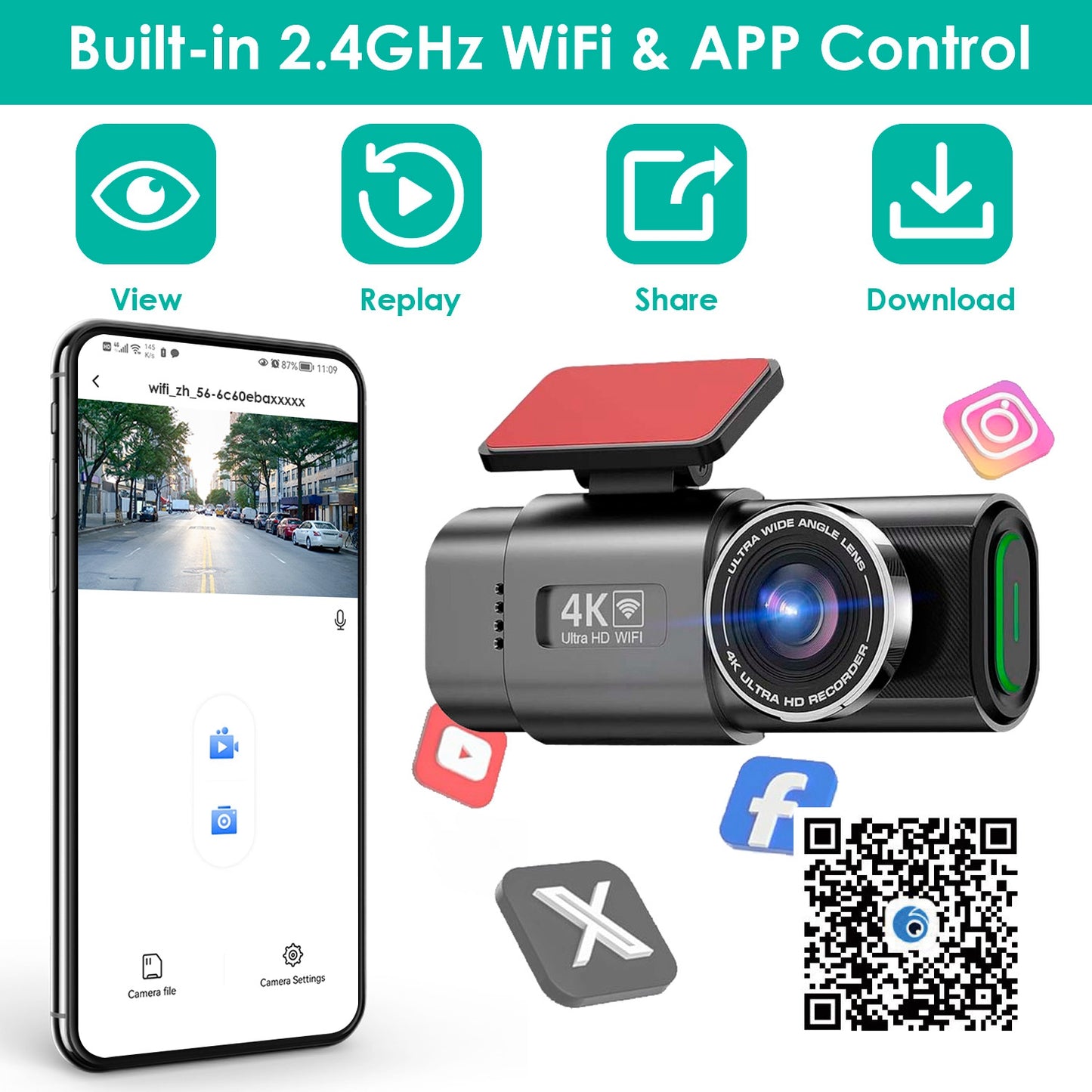 “4K Dual Channel WiFi Dash Cam with Front & Rear Camera”