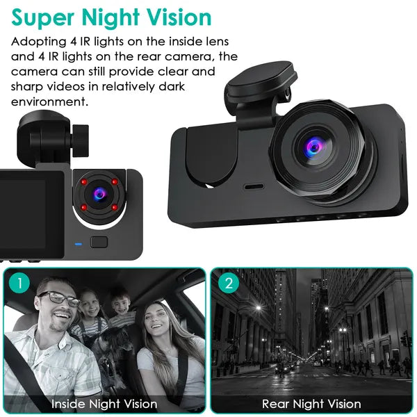 Triple Lens Car Dash Camera with Night Vision & G-Sensor 🚗📹