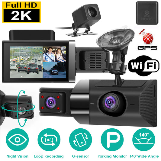 2K 3-Channel Car Dash Cam with GPS & Night Vision
