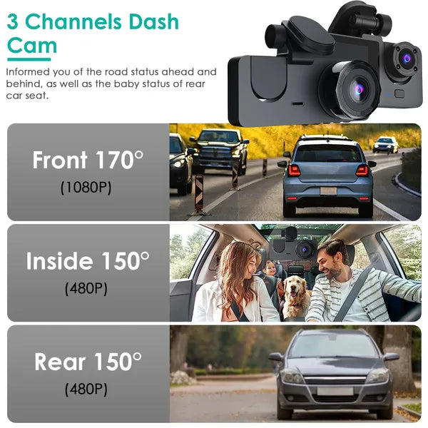 Triple Lens Car Dash Camera with Night Vision & G-Sensor 🚗📹