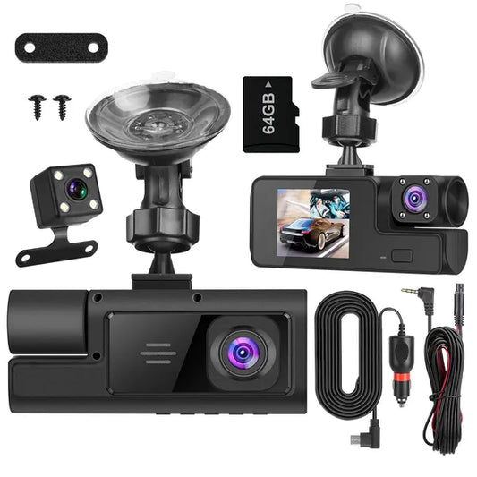 3-Channel Full HD Car Dash Cam with Night Vision & Motion Detection