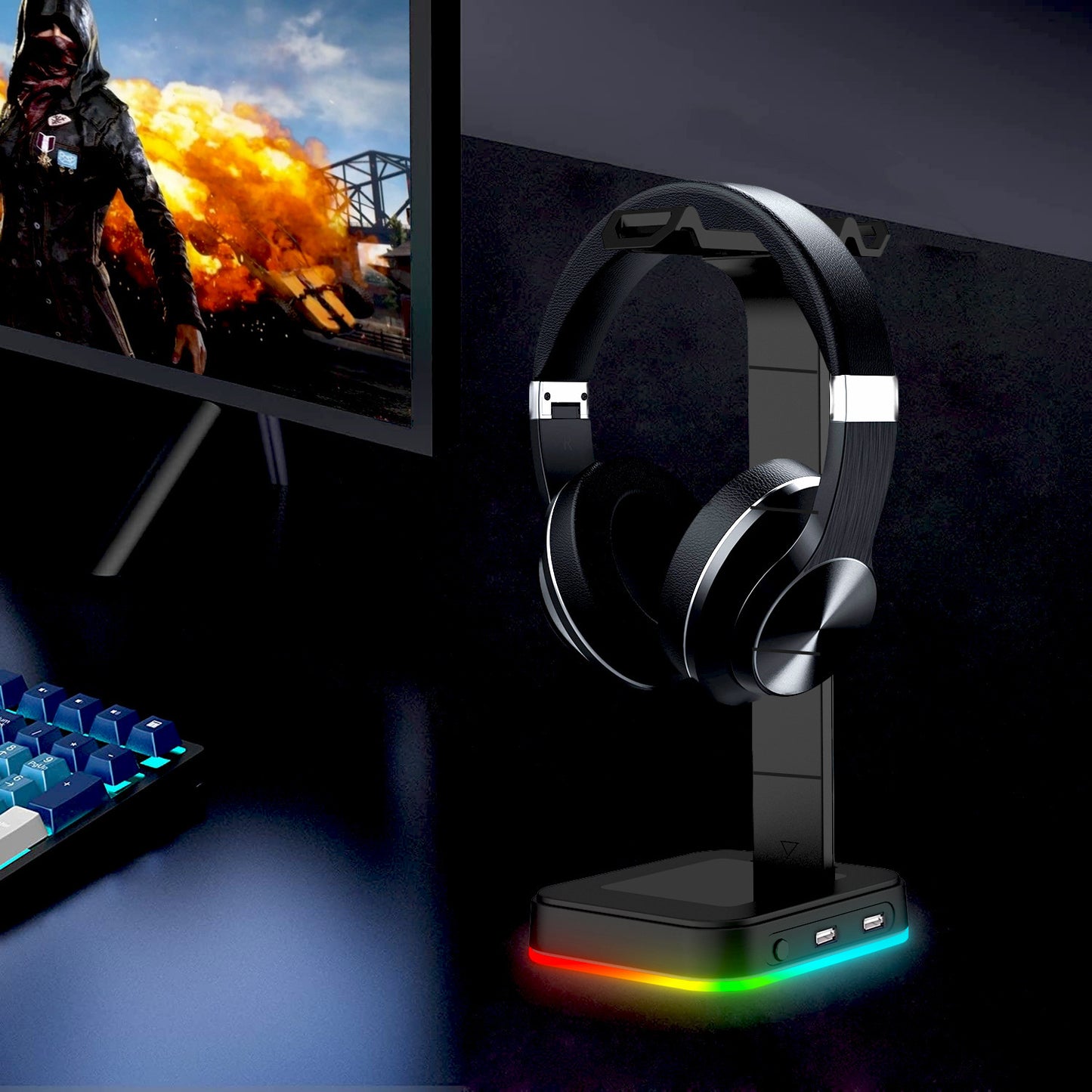 2-in-1 RGB Gaming Headphone Stand with Power Strip – Desktop Headset Holder, USB Charging & LED Light Base