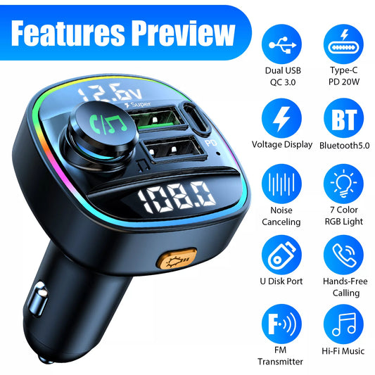 Bluetooth 5.0 Car FM Transmitter with PD Fast Charger
