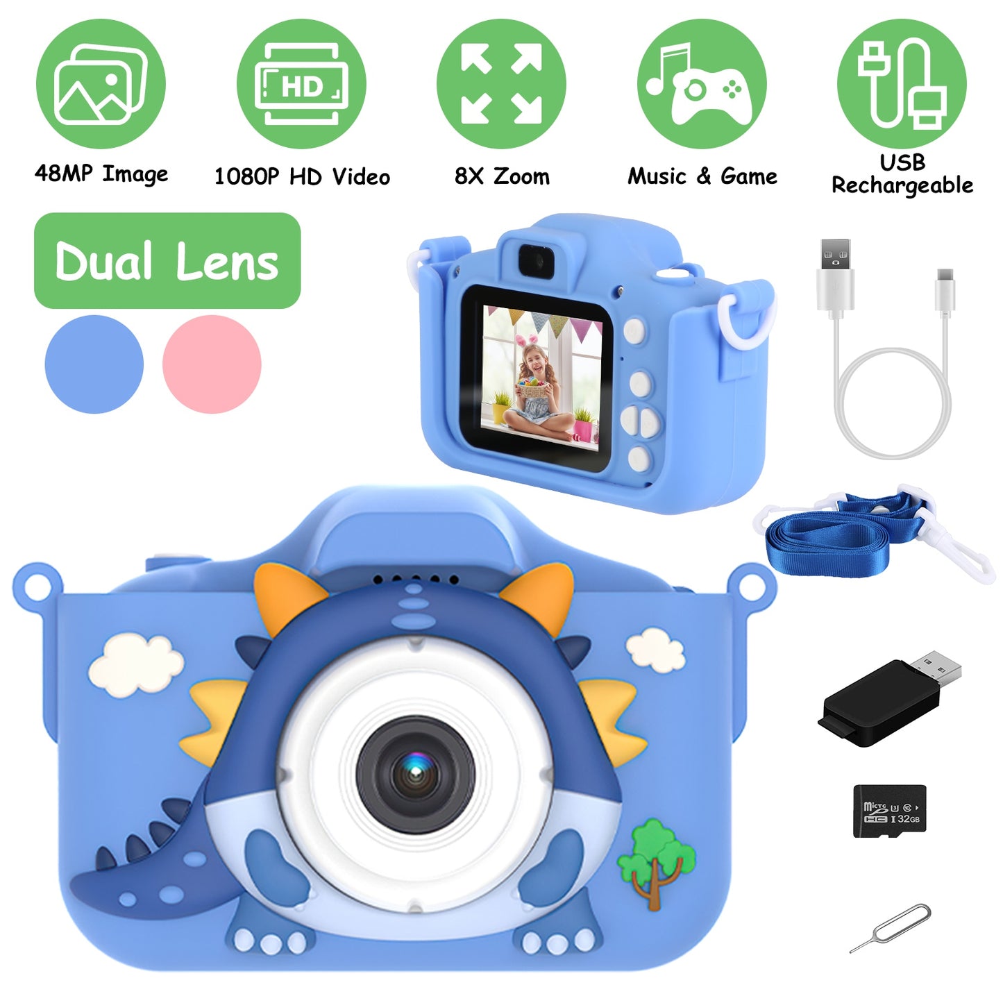 Cute Dinosaur Kids Camera with Selfie & HD Video