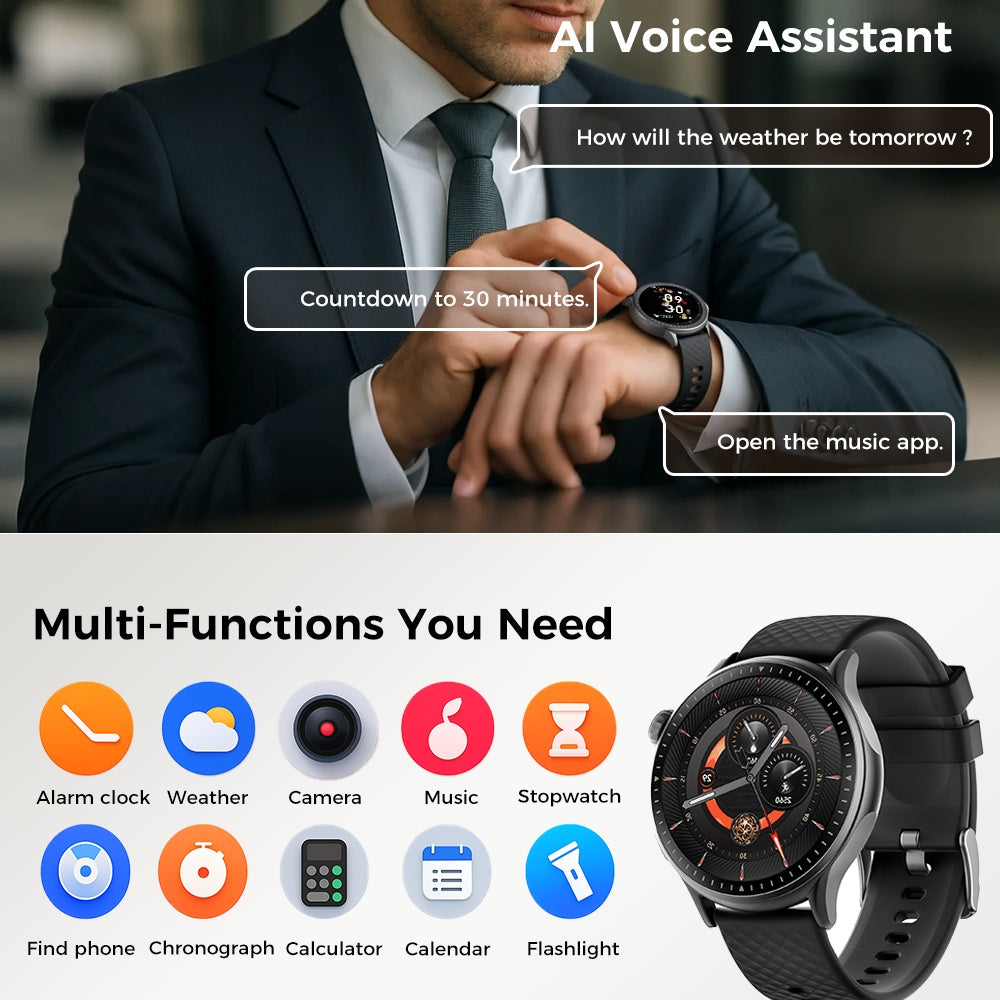“Round AMOLED Smartwatch – 1.43″ HD, 3ATM Waterproof, Heart Rate Monitor”