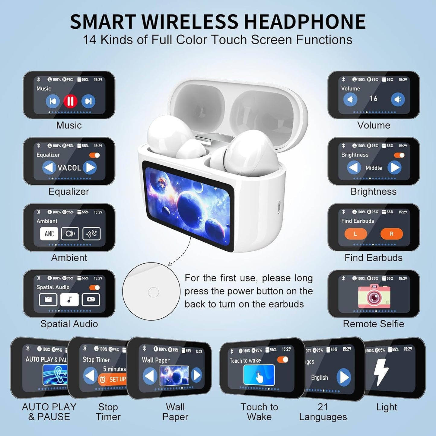 Smart Touch Screen Wireless Earbuds – ANC & Hi-Fi Sound