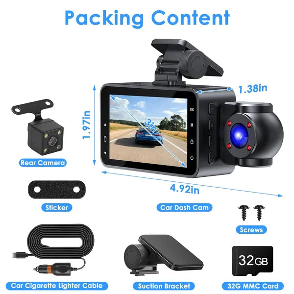 3-Channel Full HD Car Dash Cam with Night Vision & Motion Detectionn