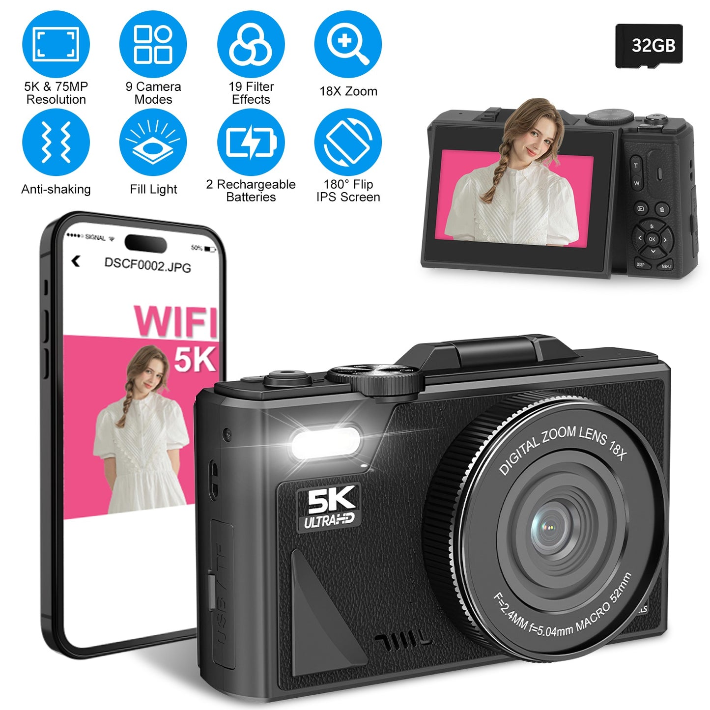 5K Compact Digital Camera for Vlog & Video