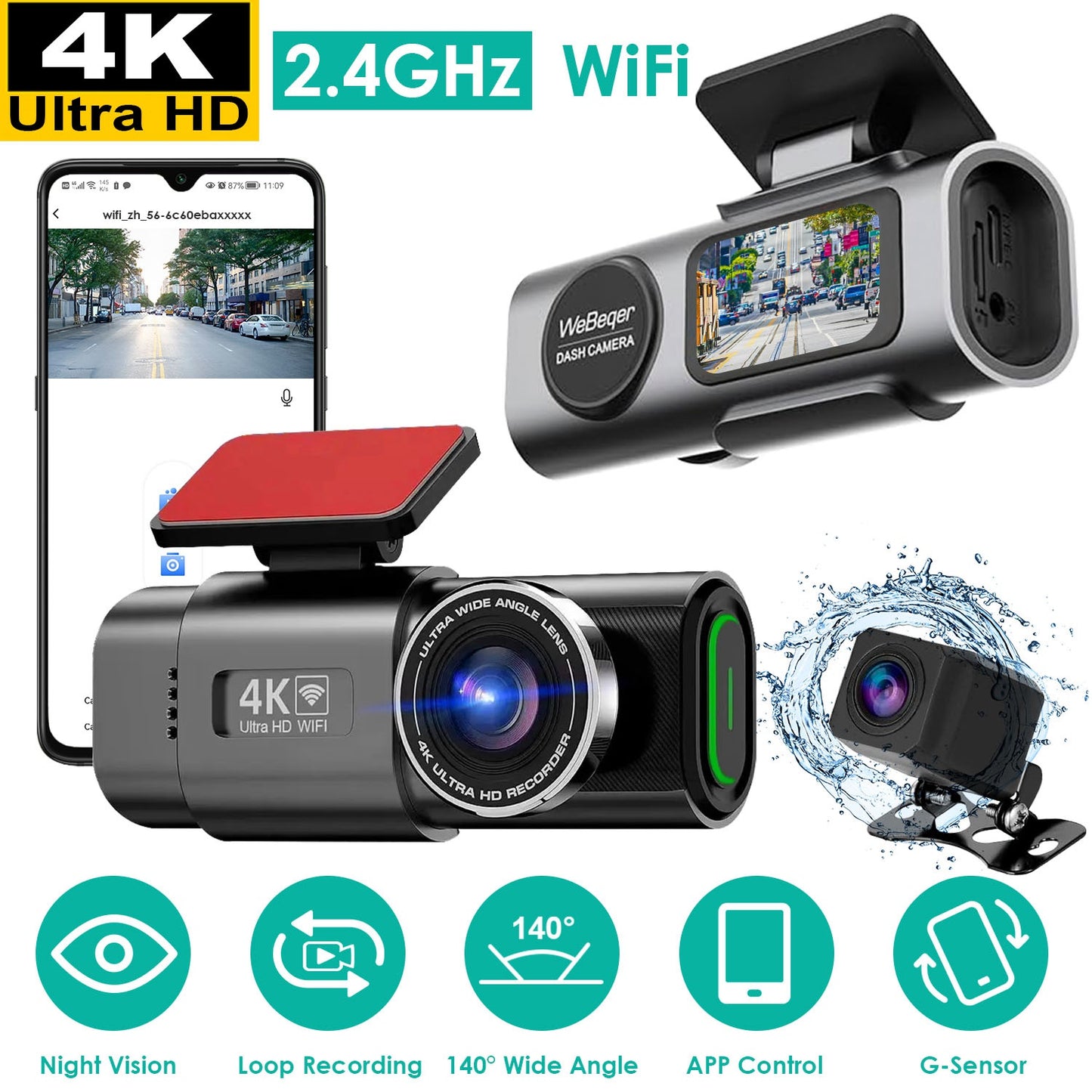 “4K Dual Channel WiFi Dash Cam with Front & Rear Camera”