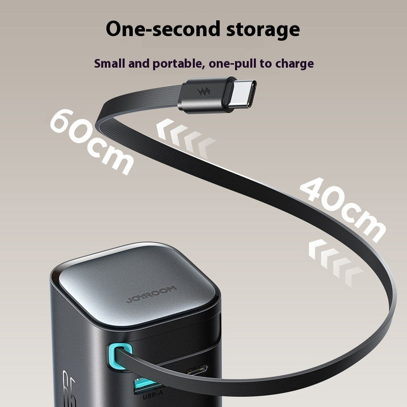 65W Fast Charger with Retractable Cable – USB-C & USB-A Compact Travel Charger