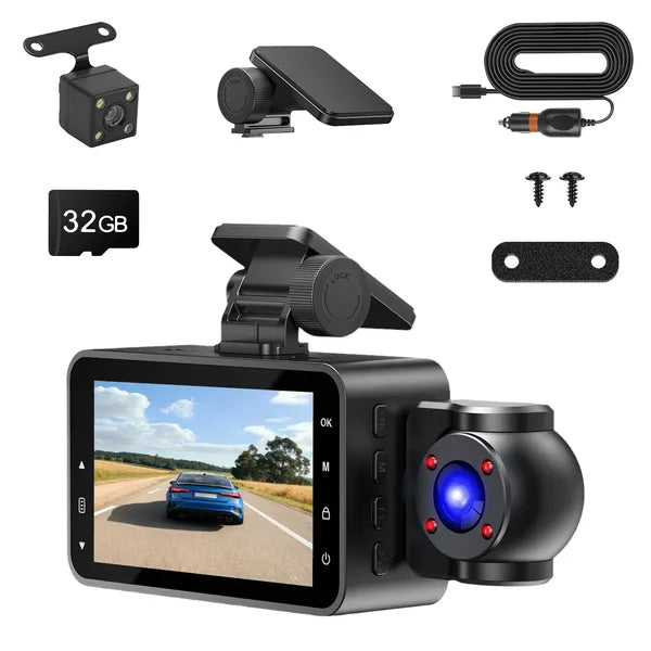 3-Channel Full HD Car Dash Cam with Night Vision & Motion Detectionn