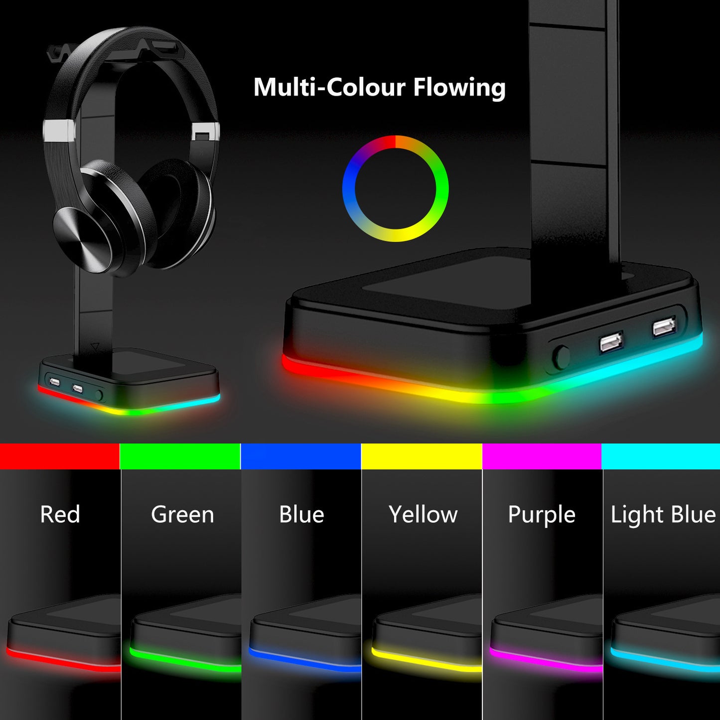 2-in-1 RGB Gaming Headphone Stand with Power Strip – Desktop Headset Holder, USB Charging & LED Light Base