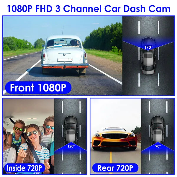 3-Channel Full HD Car Dash Cam with Night Vision & Motion Detection