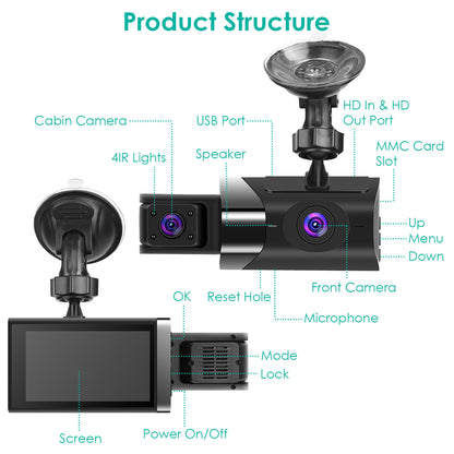 2K 3-Channel Car Dash Cam with GPS & Night Vision