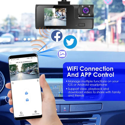 3-Channel Full HD Car Dash Cam with Night Vision & Motion Detection