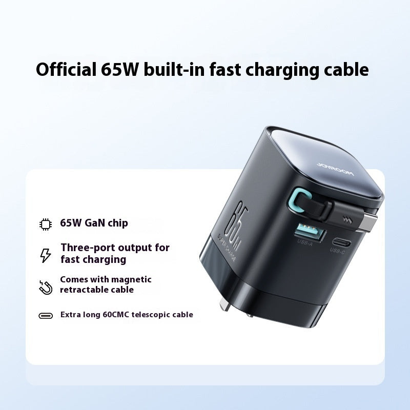 65W Fast Charger with Retractable Cable – USB-C & USB-A Compact Travel Charger