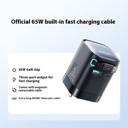 65W Fast Charger with Retractable Cable – USB-C & USB-A