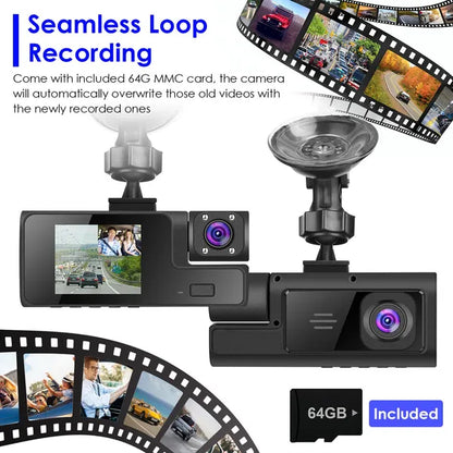 3-Channel Full HD Car Dash Cam with Night Vision & Motion Detection