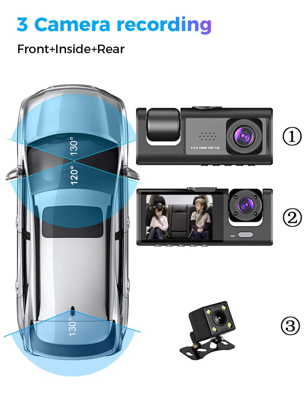 Car Dual Lens Dash Cam HD 1080P Front Rear Inside Video Recorder Camera G-Sensor