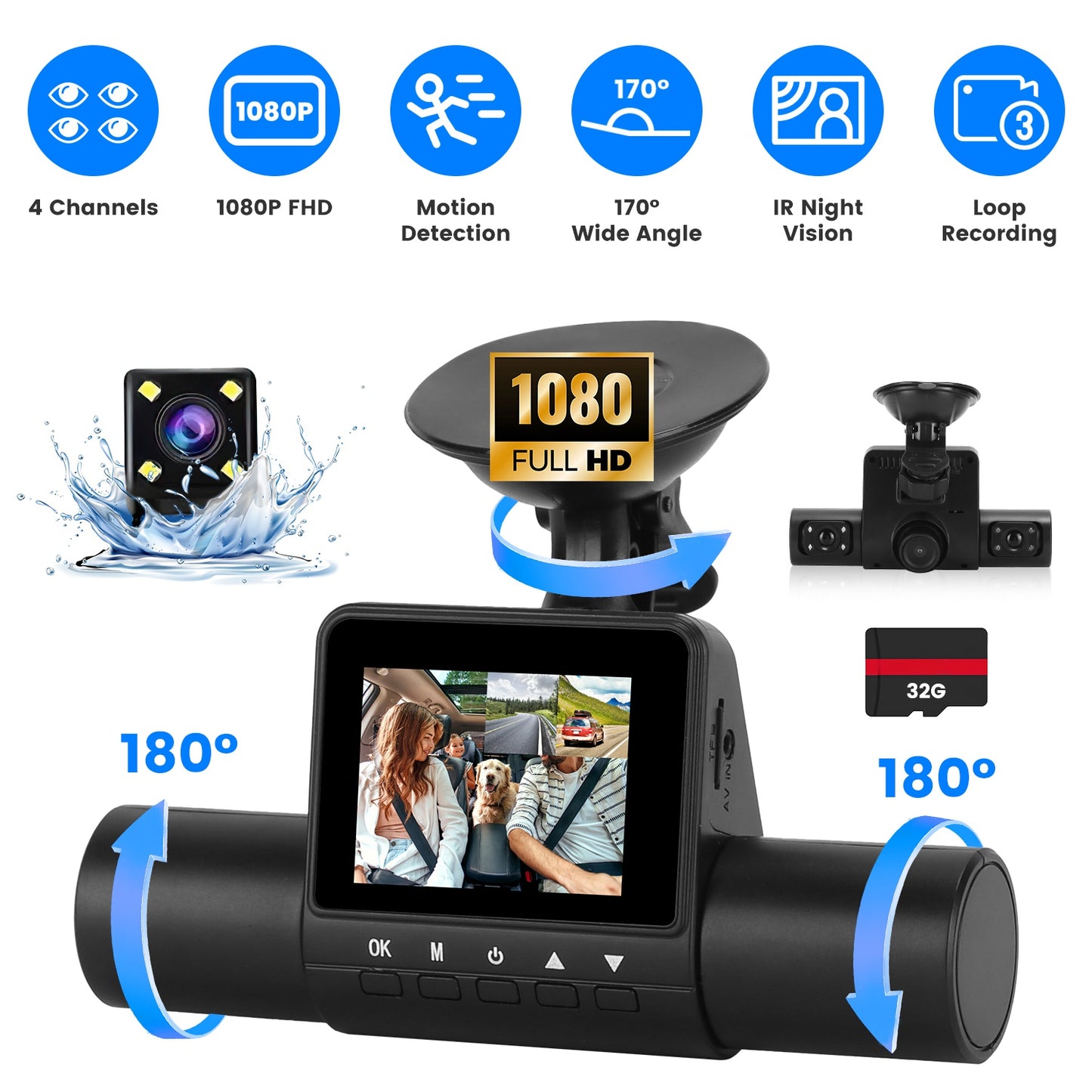 “360° 4-Channel FHD Car Dash Cam with Night Vision”