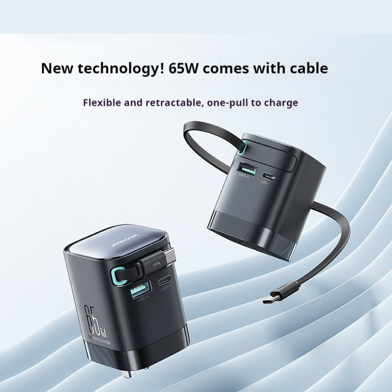 65W Fast Charger with Retractable Cable – USB-C & USB-A Compact Travel Charger