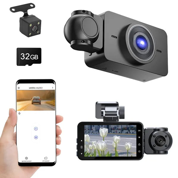 3-Channel Full HD Car Dash Cam with Night Vision & Motion Detectionn