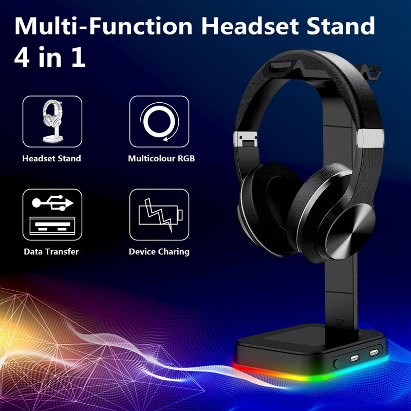 2-in-1 RGB Gaming Headphone Stand with Power Strip – Desktop Headset Holder, USB Charging & LED Light Base