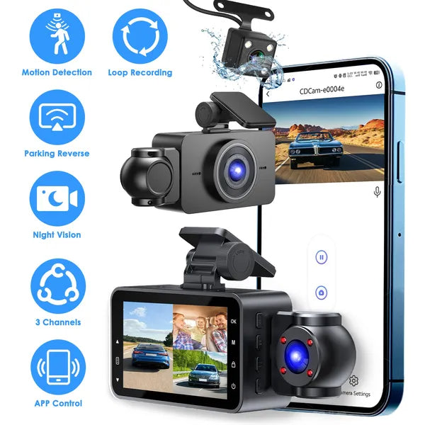 3-Channel Full HD Car Dash Cam with Night Vision & Motion Detectionn
