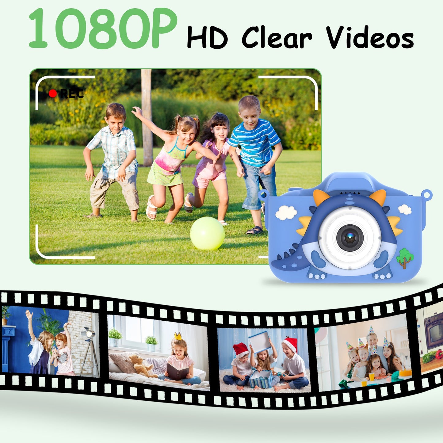 Cute Dinosaur Kids Camera with Selfie & HD Video