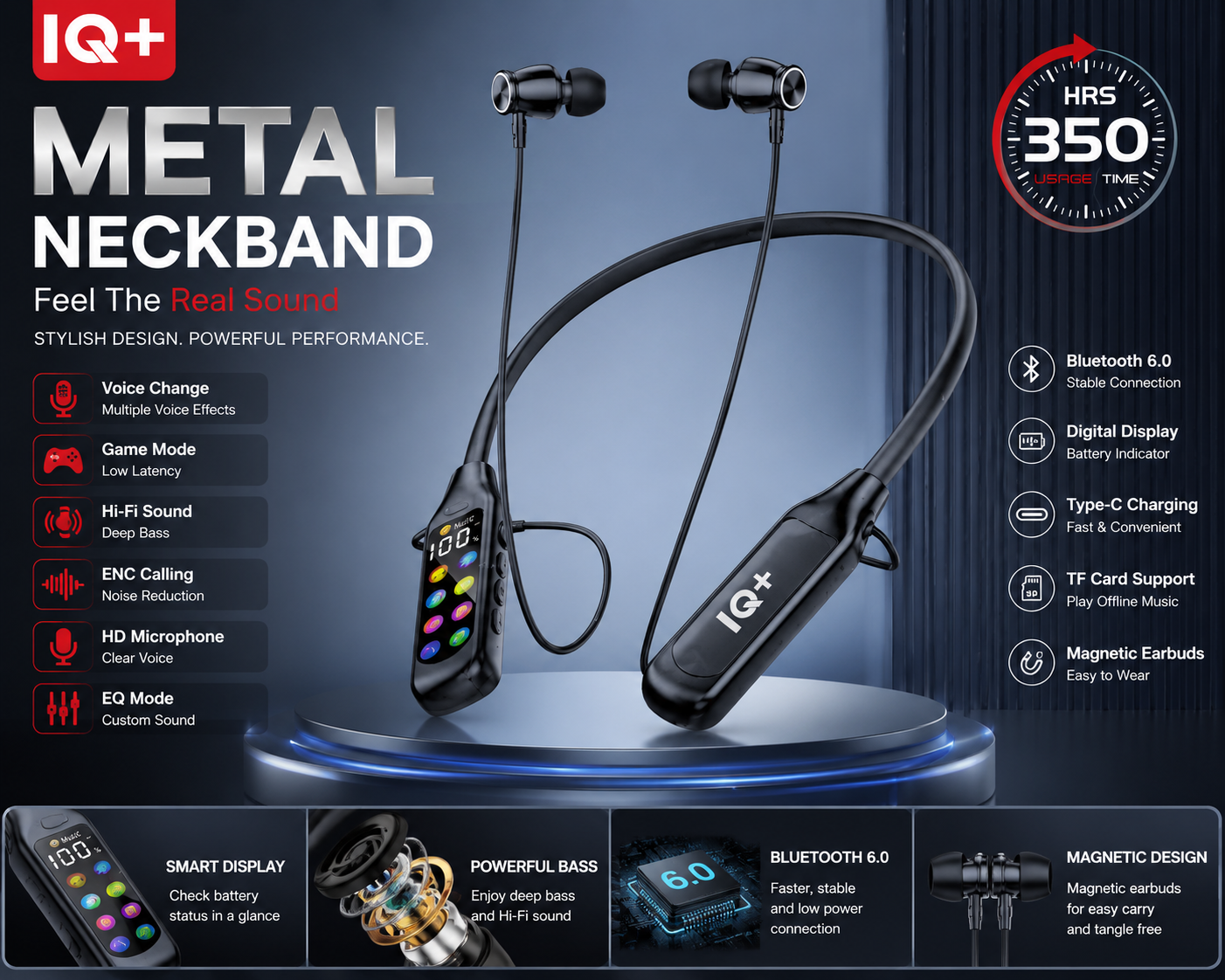 IQ+ Metal Neckband – Voice Change | Game Mode | Digital Display | ENC & 7EQ