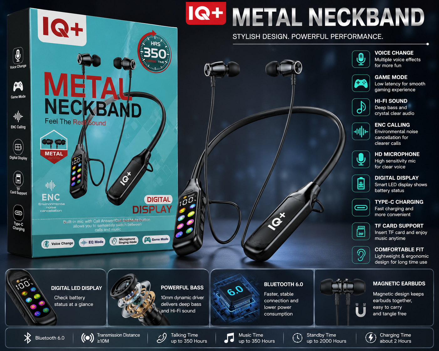IQ+ Metal Neckband – Voice Change | Game Mode | Digital Display | ENC & 7EQ